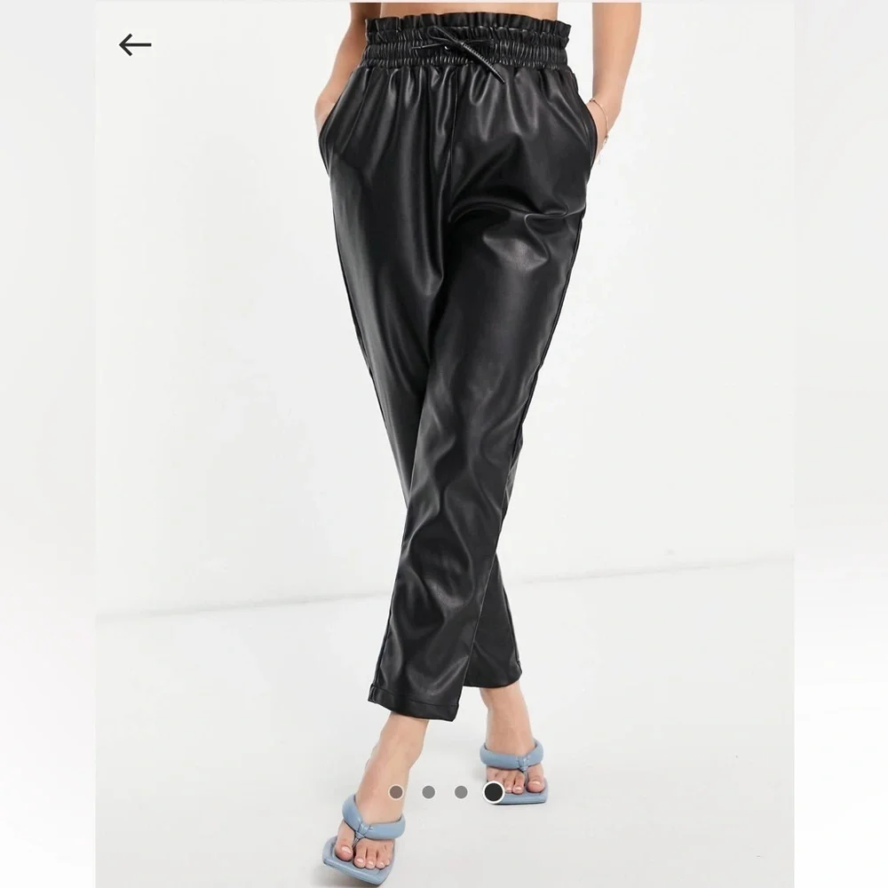 ASOS Faux Leather Pants Paperbag Waist Black Loose Fit Baggy Trousers 4 Small
